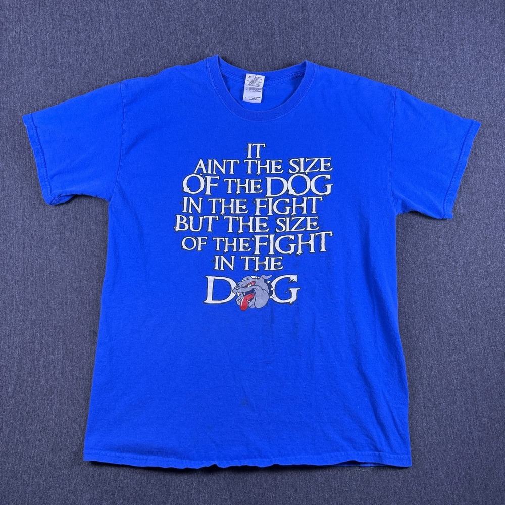 Gildan Mens Blue Spell Out Graphic Heavy Cotton Soft Comfy T-Shirt Size Large‎